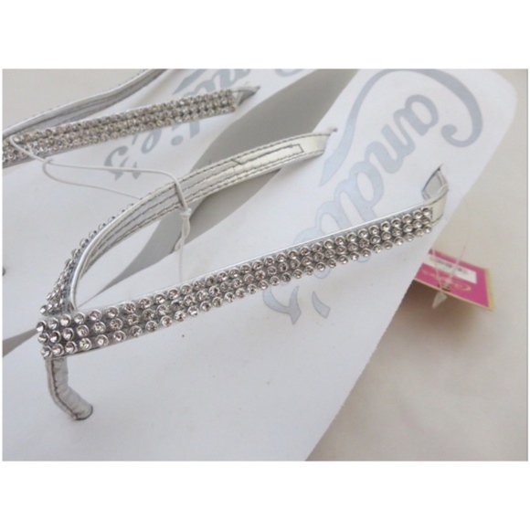 CANDIE’S White Rhinestone Thong Wedge Sandals XL - Picture 4 of 5